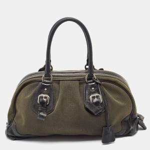 Prada Black/Military Green Canvas Jacquard Logo Satchel