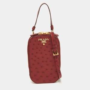 Prada Red Ostrich Leather Logo Phone Crossbody Pouch