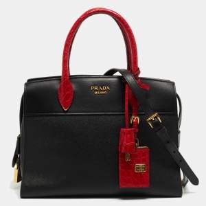 Pre Owned Prada Red/Black Crocodile and Saffiano Lux Leather Medium Esplanade Satchel