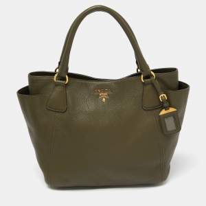 Prada Green Vitello Daino Leather Sacca 2 Manici Tote