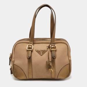 Prada Beige/Gold Canvas and Leather Zip Satchel