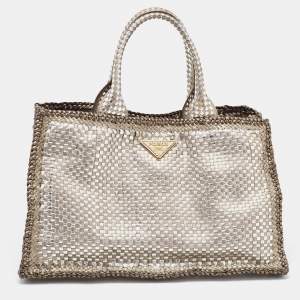 Prada Silver/Two Tone Metallic Beige Madras Leather Tote