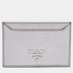 Prada Metallic Silver Saffiano Leather Card Holder