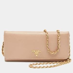 Prada Beige Leather Flap Wallet On Chain