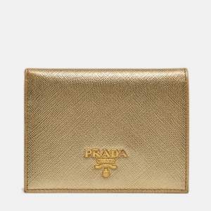 Prada Gold Saffiano Metal Leather Logo Bifold Wallet
