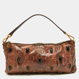 Pre Owned Prada Brown Python Jewel Embellished Shoulder Bag
