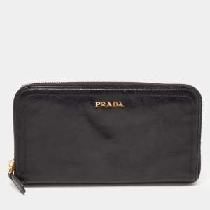 Prada Black Leather Zip Around Wallet