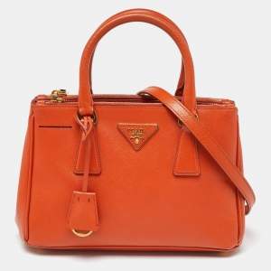 Pre Owned Prada Orange Saffiano Lux Leather Small Galleria Double Zip Tote