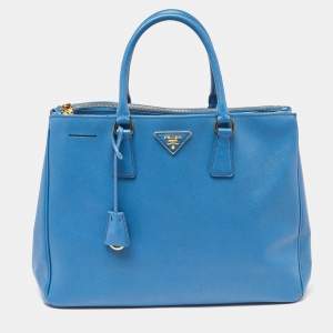 Pre Owned Prada Blue Saffiano Lux Leather Large Galleria Double Zip Tote