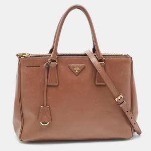 Pre Owned Prada Brown Saffiano Lux Leather Medium Double Zip Tote