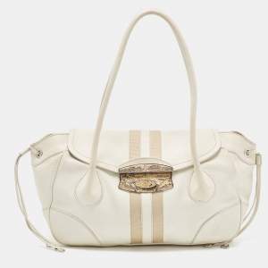 Prada White/Beige Lizard and Leather Satchel