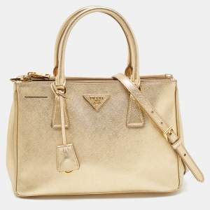 Pre Owned Prada Gold Saffiano Lux Leather Small Double Zip Tote