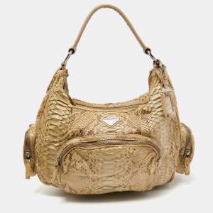 Pre Owned Prada Cream Python Washed Multi Pocket Hobo