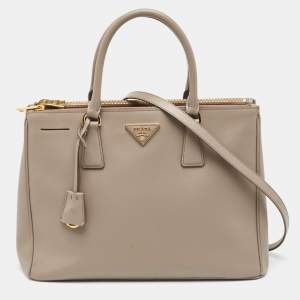 Prada Grey Saffiano Lux Leather Medium Galleria Double Zip Tote