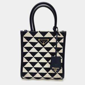 Prada  Cream/Black Triangle Canvas and Leather Symbole Tote Bag