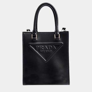 Prada Black Mini Triangle Logo Leather North-South Tote Bag