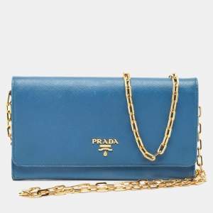 Pre Owned Prada Blue Saffiano Leather Wallet on Chain