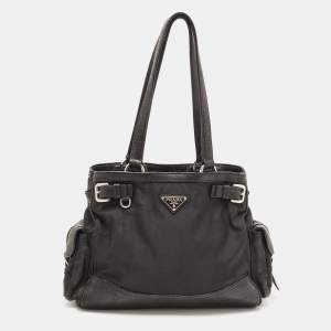 Prada Black Nylon and Leather Buckle Tote