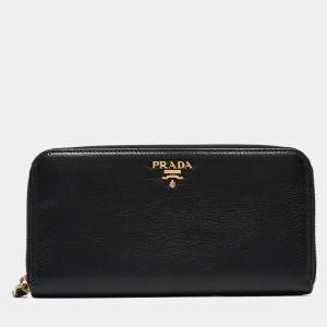 Prada Black Vitello Diano Leather Zip Around Continental Wallet