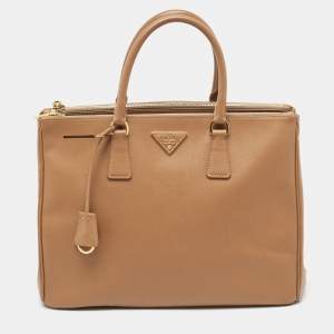 Pre Owned Prada Brown Saffiano Lux Leather Large Double Zip Tote