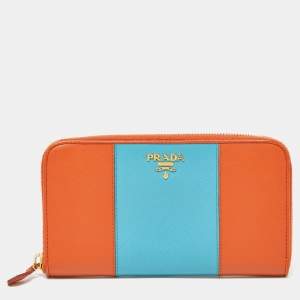 Prada Orange/Blue Saffiano Metal Zip Around Wallet
