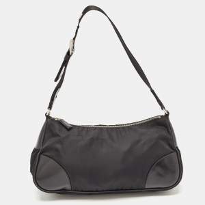 Prada Black Nylon Tessuto and Leather Baguette Bag