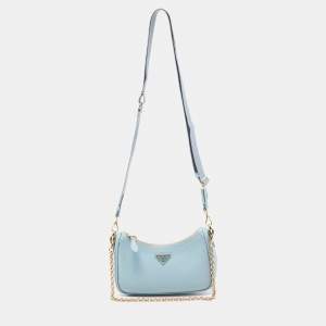 Pre Owned Prada Light Blue Saffiano Lux Leather Mini Re-Edition Pochette Bag
