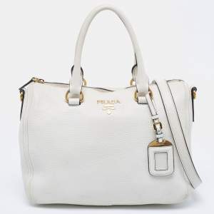 Prada White Vitello Daino Leather Boston Bag