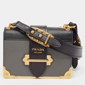 Prada Black/Grey Saffiano Leather Cahier Flap Shoulder Bag