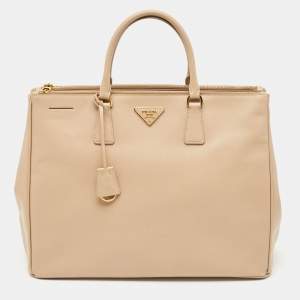 Prada Light Beige Saffiano Lux Leather Executive Double Zip Tote
