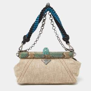 Prada Multicolor Python and Fabric Lino Twist Frame Bag