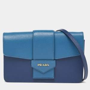 Prada Two Tone Blue Saffiano Leather Flap Crossbody Bag