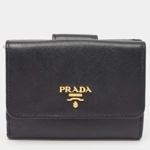 Prada Black Saffiano Metal Leather Logo Compact Wallet