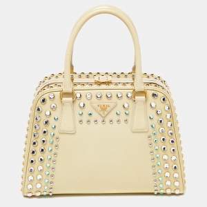 Prada Light Yellow Saffiano Lux Patent Leather Studded Pyramid Frame Satchel