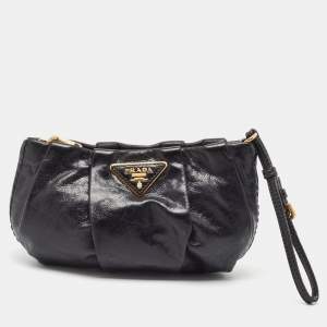 Prada Black Pleated Leather Wristlet Clutch