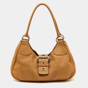 Prada Beige Vitello Daino Leather Buckle Flap Hobo