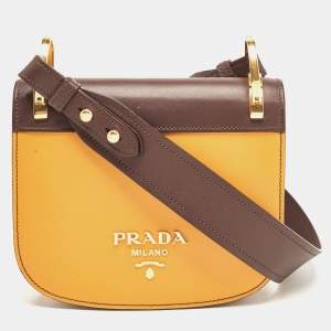 Pre Owned Prada Mustard Yellow/Choco Brown Leather Pionniere Saddle Bag