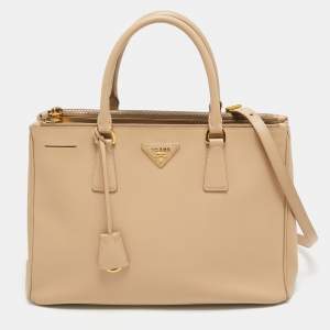 Pre Owned Prada Beige Saffiano Leather Medium Galleria Zip Tote