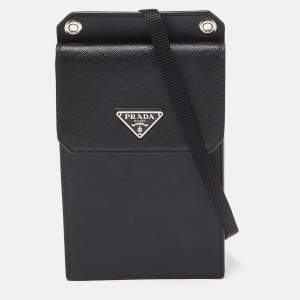Prada Black/Red Saffiano Leather Logo Phone Crossbody Bag