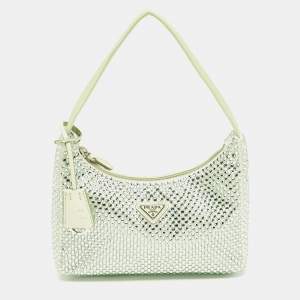 Pre Owned Prada Mint Green Satin Mini Crystal Studded Re-Edition 2000 Shoulder Bag