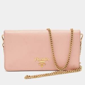 Prada Pink Saffiano Cuir Leather Wallet On Chain