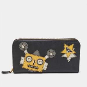 Prada Black Saffiano Robot Leather Zip Around Continental Wallet