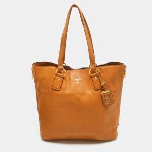 Prada Tan Vitello Daino Leather Side Zip Shopping Tote