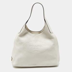 Prada White Vitello Daino Leather Hobo