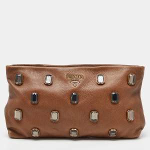 Prada Brown Leather Pietre Jeweled Clutch
