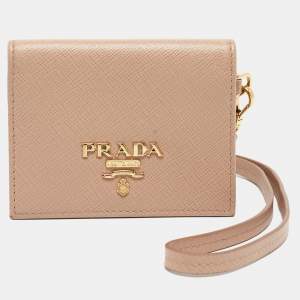 Prada Beige Saffiano Leather Card Holder with Strap 