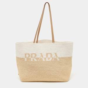 Pre Owned Prada White/Beige Crochet Straw and Leather Tote