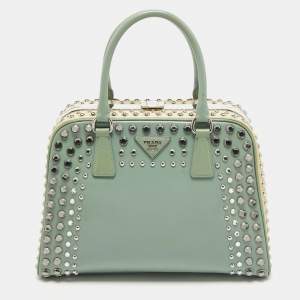 Pre Owned Prada Green/Cream Saffiano Patent Leather Studded Pyramid Frame Satchel