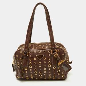 Prada Brown Leather Zip Grommet Bag