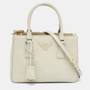 Prada Grey Saffiano Lux Leather Small Double Zip Tote